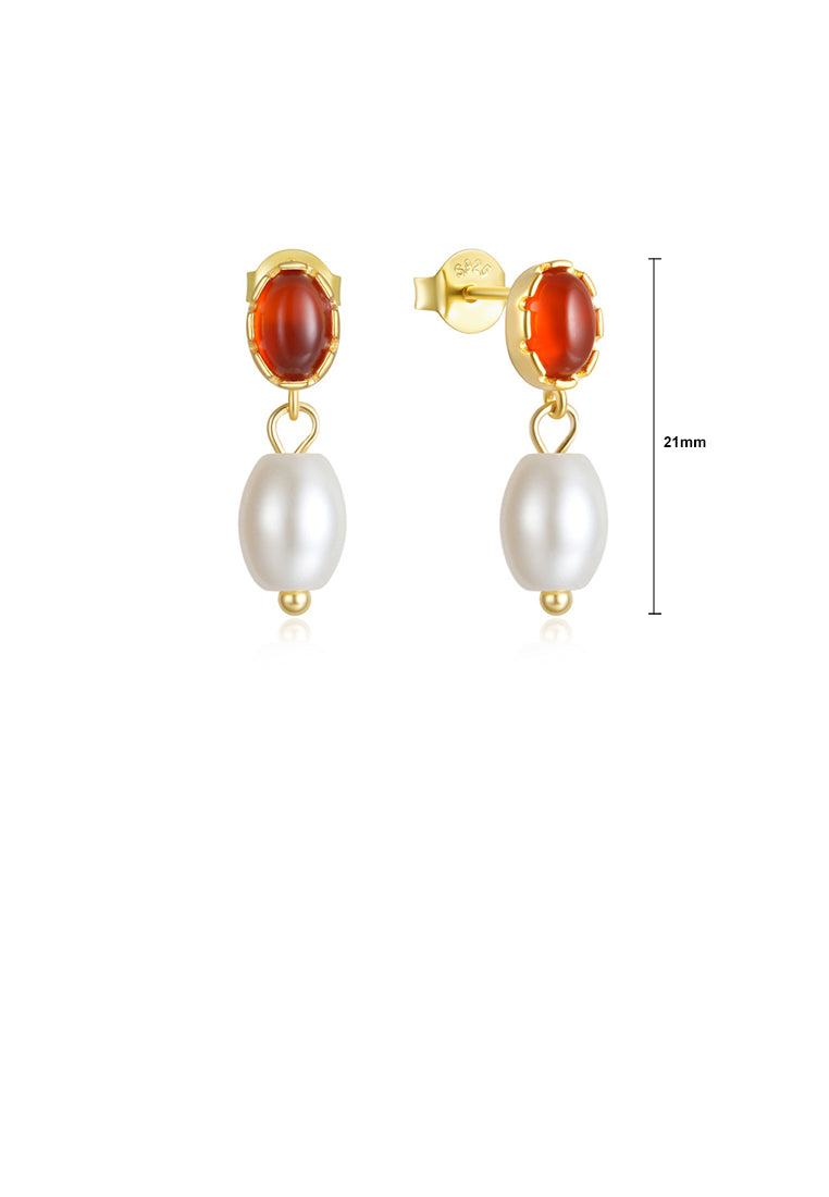925 Sterling Silver Plated Gold Fashion and Elegant Geometric Red Agate Earrings with Imitation Pearls - Vibrant Color