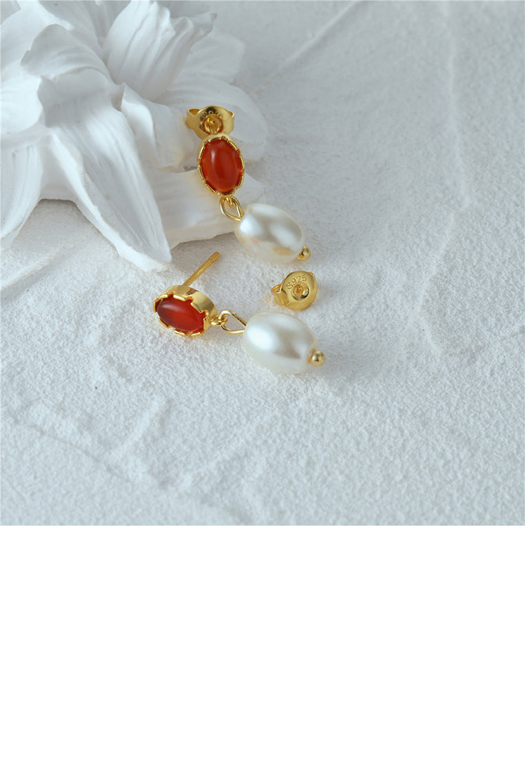 925 Sterling Silver Plated Gold Fashion and Elegant Geometric Red Agate Earrings with Imitation Pearls - Vibrant Color