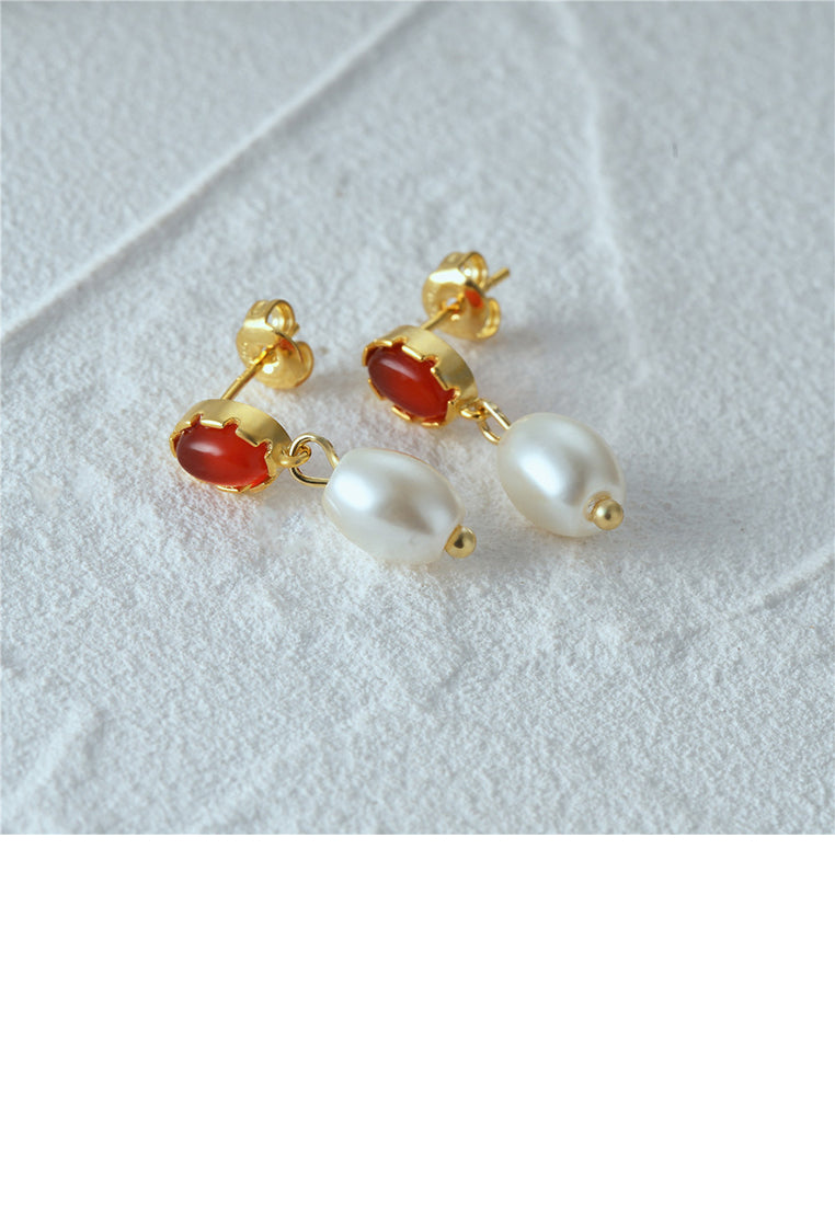 925 Sterling Silver Plated Gold Fashion and Elegant Geometric Red Agate Earrings with Imitation Pearls - Vibrant Color