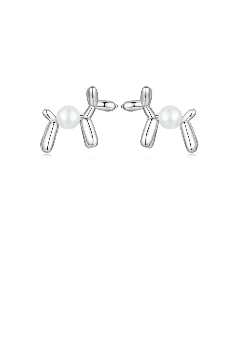 925 Sterling Silver Simple Cute Balloon Dog Imitation Pearl Stud Earrings - Luxurious Look