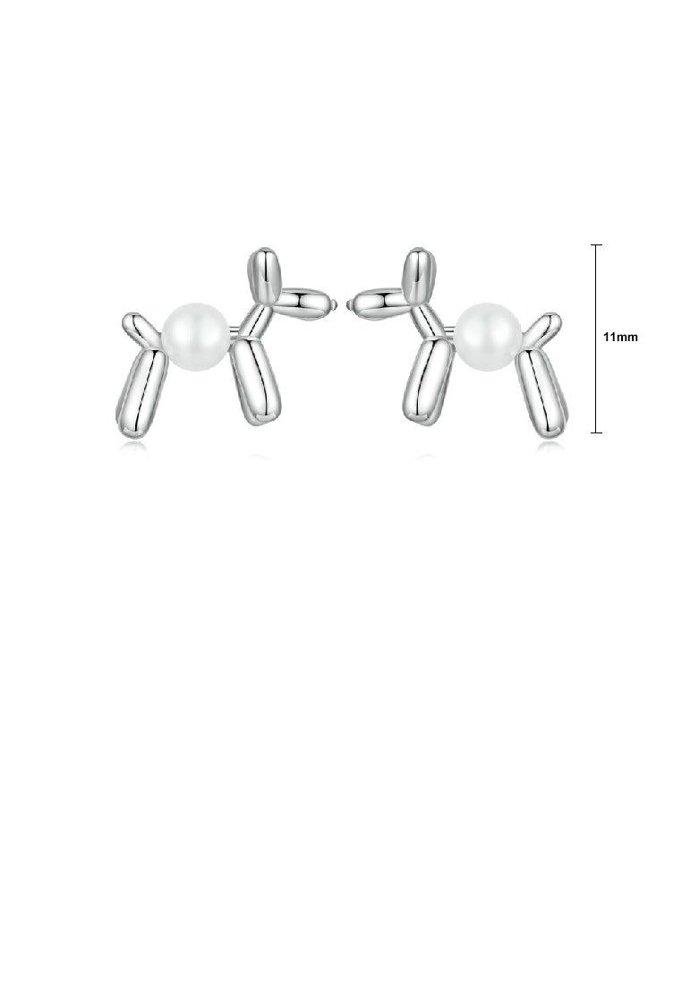 925 Sterling Silver Simple Cute Balloon Dog Imitation Pearl Stud Earrings - Luxurious Look