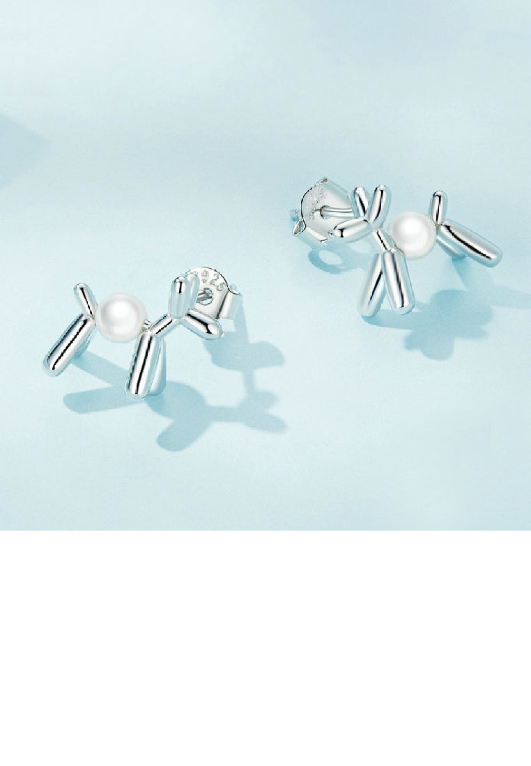 925 Sterling Silver Simple Cute Balloon Dog Imitation Pearl Stud Earrings - Luxurious Look
