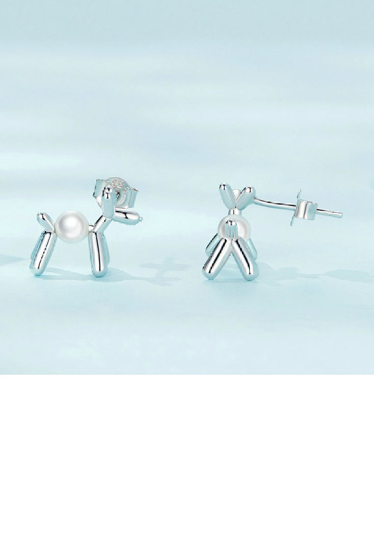 925 Sterling Silver Simple Cute Balloon Dog Imitation Pearl Stud Earrings - Luxurious Look