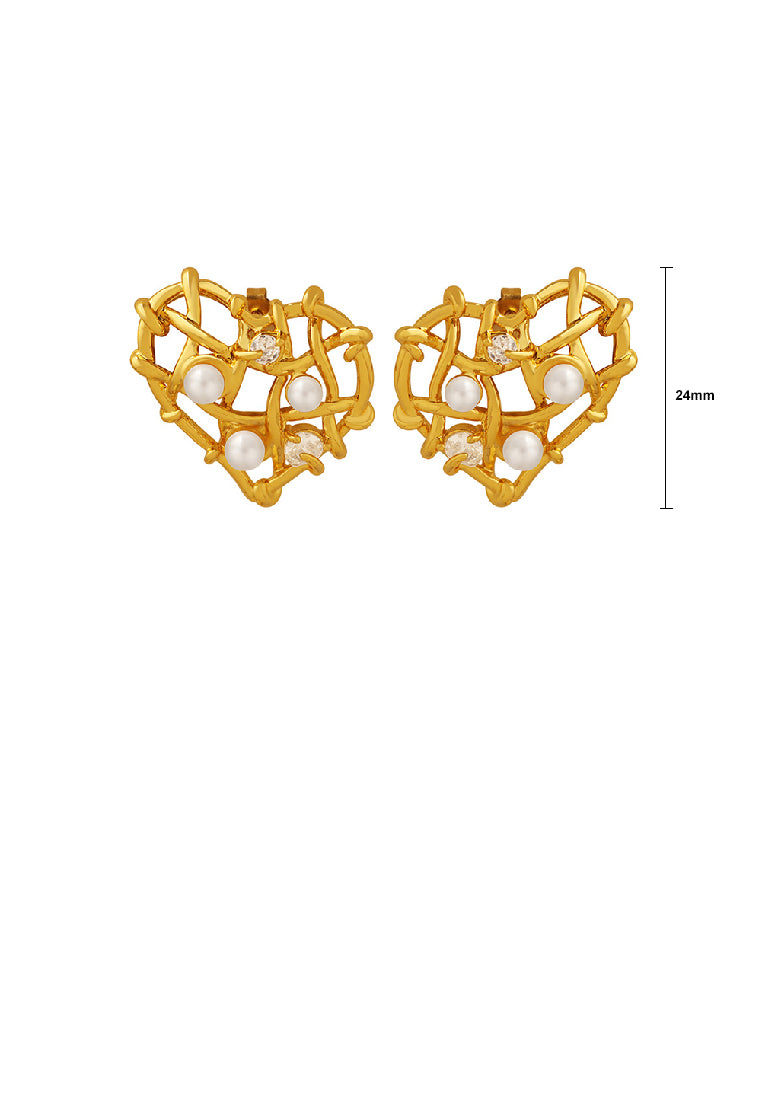 Simple Fashion Plated Gold Braided Heart Imitation Pearl Stud Earrings with Cubic Zirconia - Luxurious Look