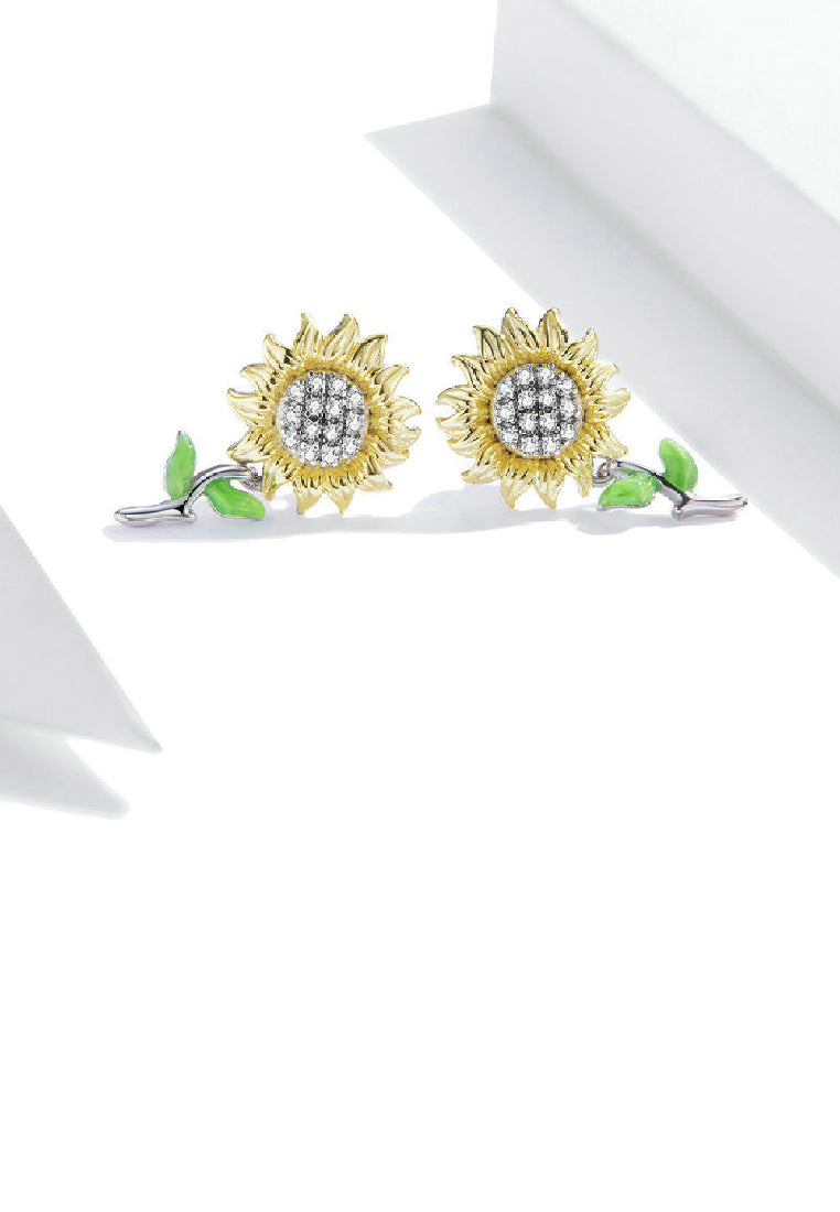 925 Sterling Silver Fashion Bright Sunflower Stud Earrings with Cubic Zirconia - Luxurious Look