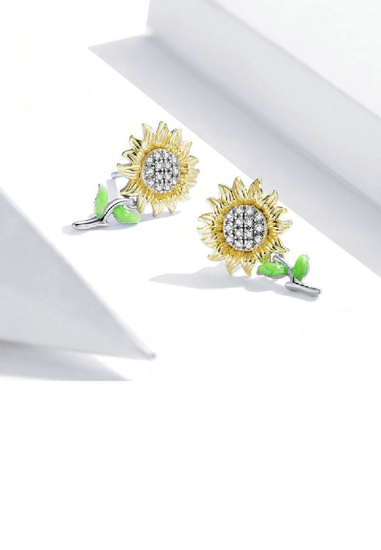 925 Sterling Silver Fashion Bright Sunflower Stud Earrings with Cubic Zirconia - Luxurious Look