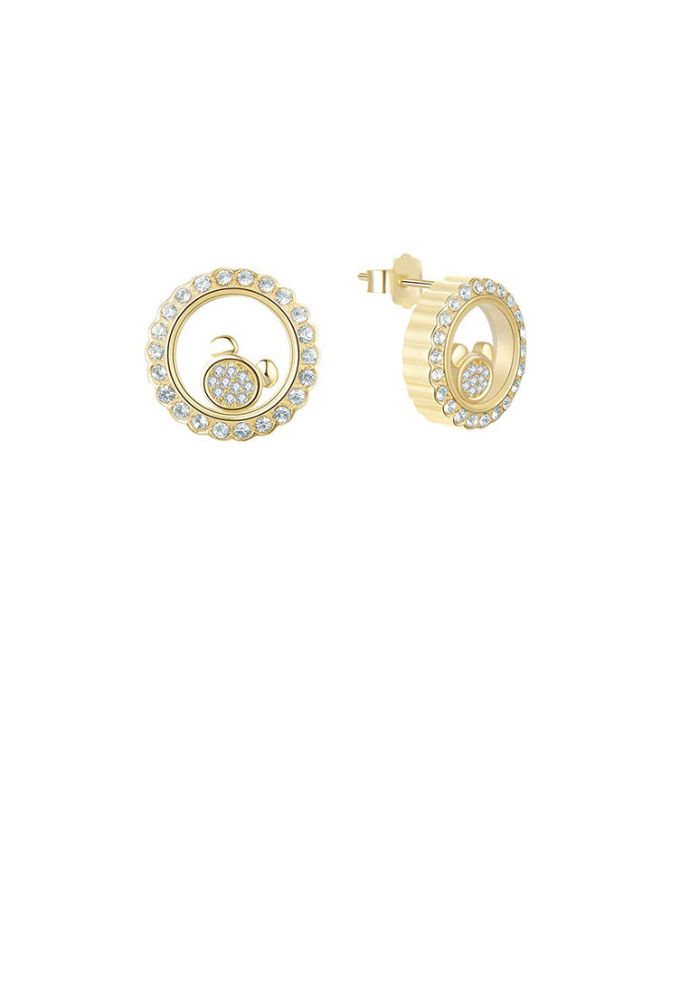 925 Sterling Silver Plated Gold Simple Cute Bear Hollow Round Stud Earrings with Cubic Zirconia - Luxurious Look