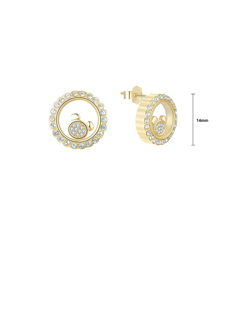 925 Sterling Silver Plated Gold Simple Cute Bear Hollow Round Stud Earrings with Cubic Zirconia - Luxurious Look