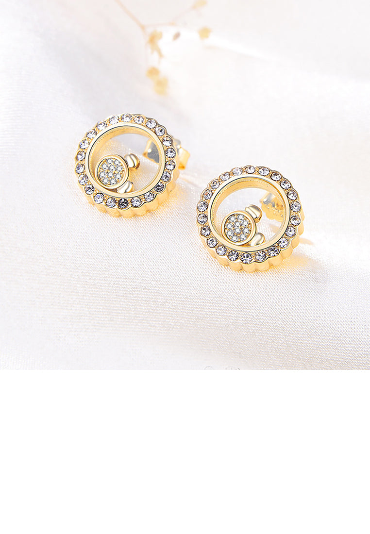 925 Sterling Silver Plated Gold Simple Cute Bear Hollow Round Stud Earrings with Cubic Zirconia - Luxurious Look