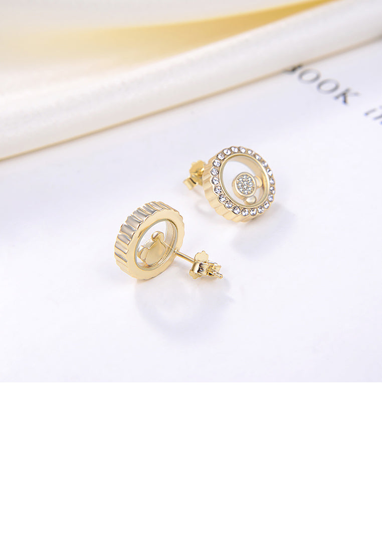 925 Sterling Silver Plated Gold Simple Cute Bear Hollow Round Stud Earrings with Cubic Zirconia - Luxurious Look