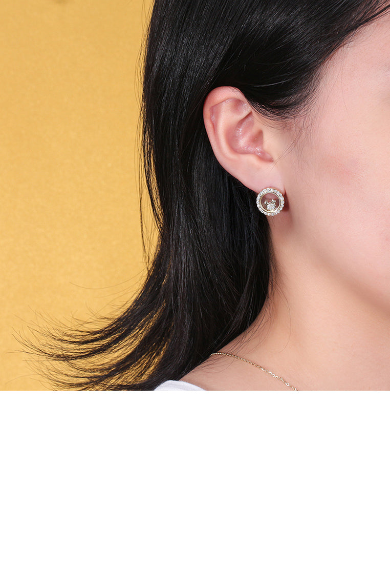 925 Sterling Silver Plated Gold Simple Cute Bear Hollow Round Stud Earrings with Cubic Zirconia - Luxurious Look