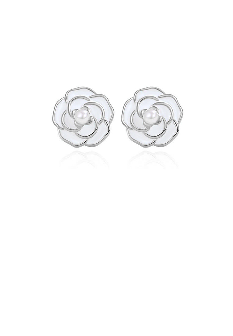925 Sterling Silver Simple Elegant Camellia Imitation Pearl Stud Earrings - Luxurious Look