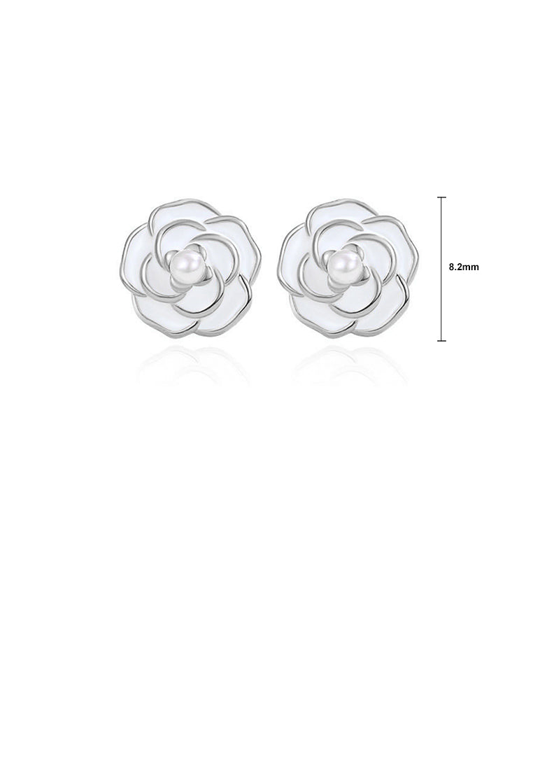 925 Sterling Silver Simple Elegant Camellia Imitation Pearl Stud Earrings - Luxurious Look