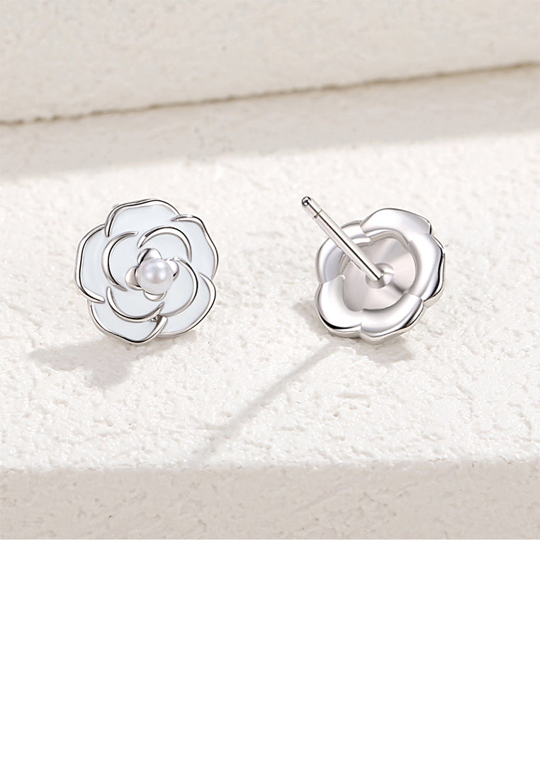 925 Sterling Silver Simple Elegant Camellia Imitation Pearl Stud Earrings - Luxurious Look