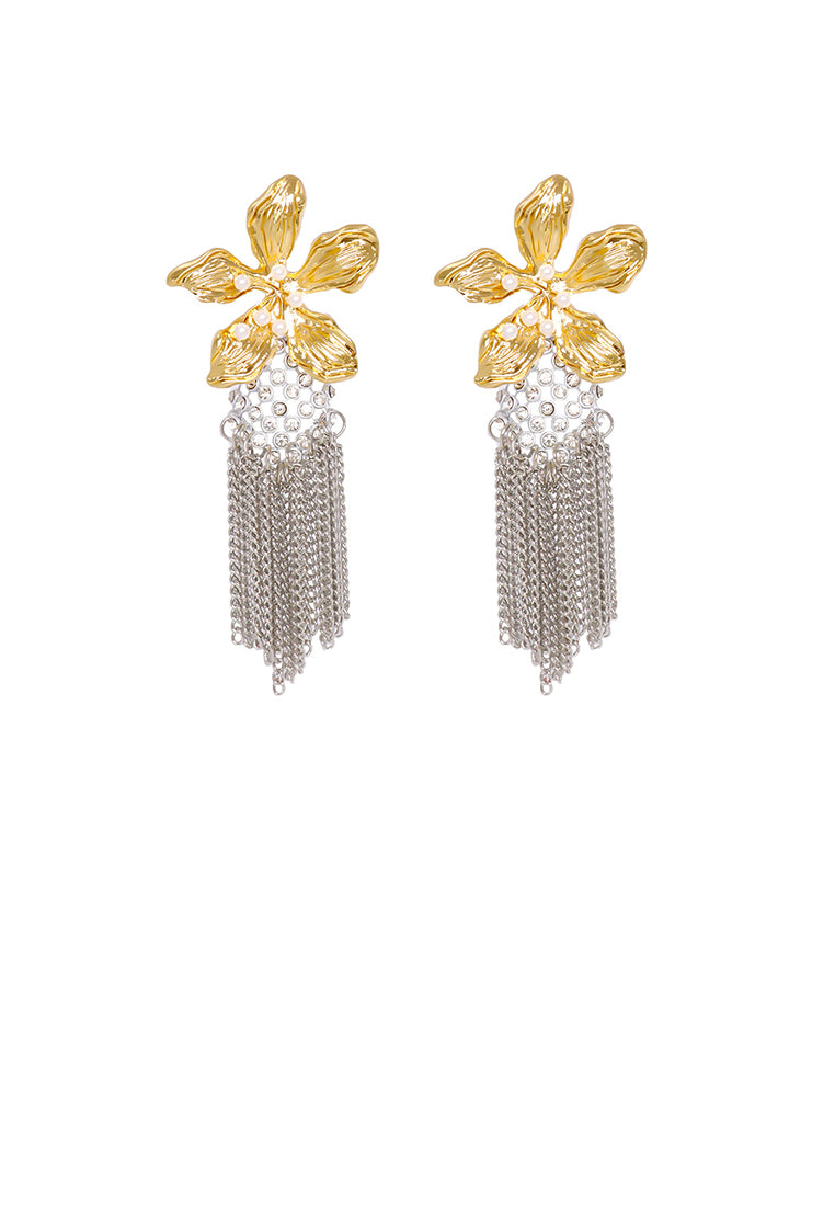 Fashion Exaggerated Gold Flower Tassel Earrings with Cubic Zirconia - Luxurious Look