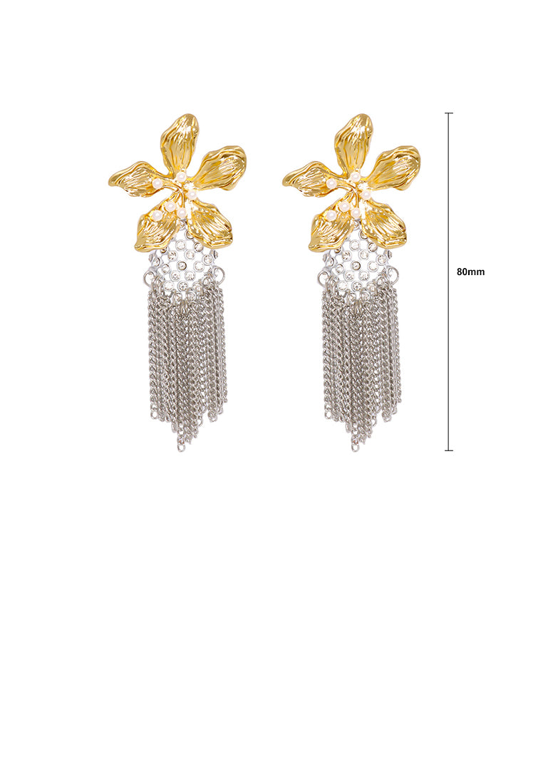 Fashion Exaggerated Gold Flower Tassel Earrings with Cubic Zirconia - Luxurious Look