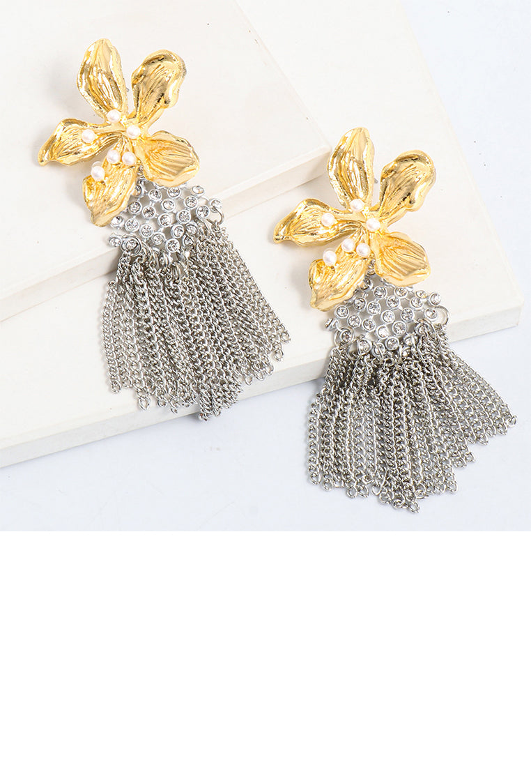 Fashion Exaggerated Gold Flower Tassel Earrings with Cubic Zirconia - Luxurious Look