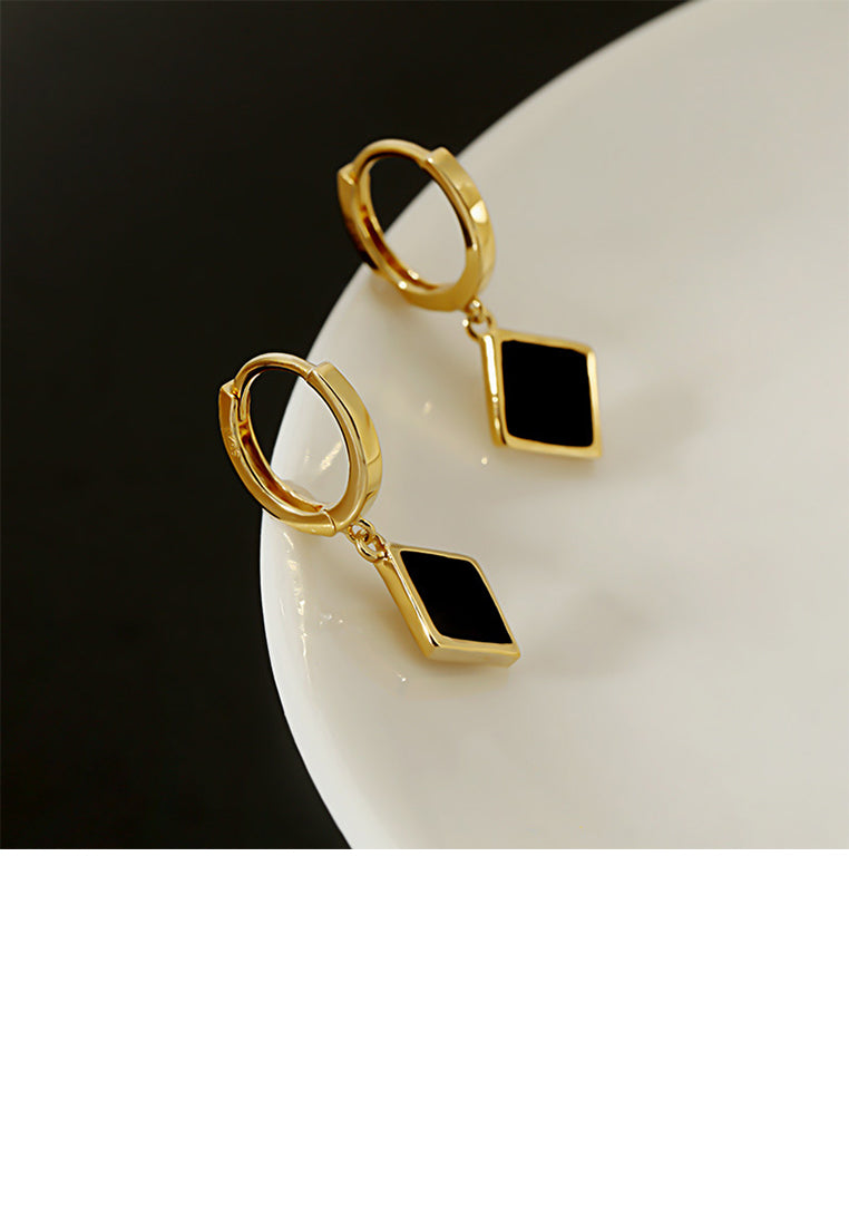 925 Sterling Silver Plated Gold Simple Fashion Enamel Black Diamond Geometric Earrings