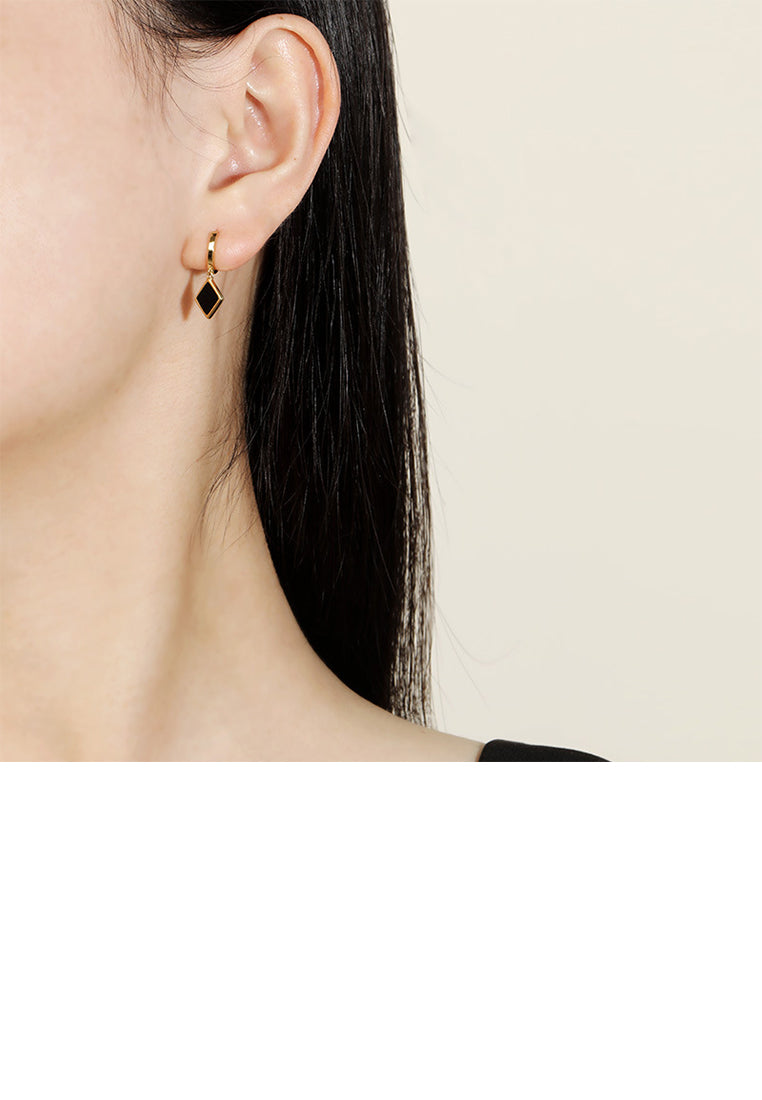 925 Sterling Silver Plated Gold Simple Fashion Enamel Black Diamond Geometric Earrings