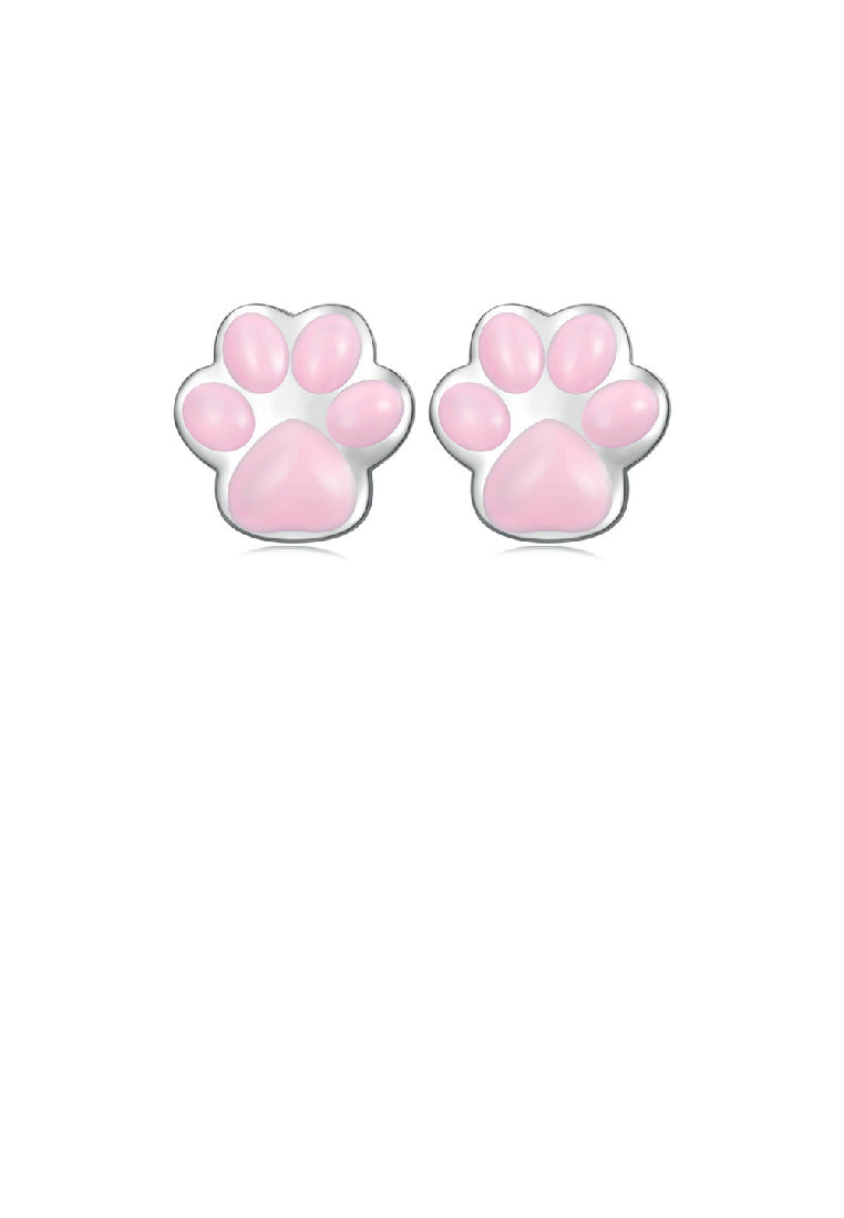 925 Sterling Silver Simple Cute Cat Pink Paw Print Stud Earrings - Vibrant Color