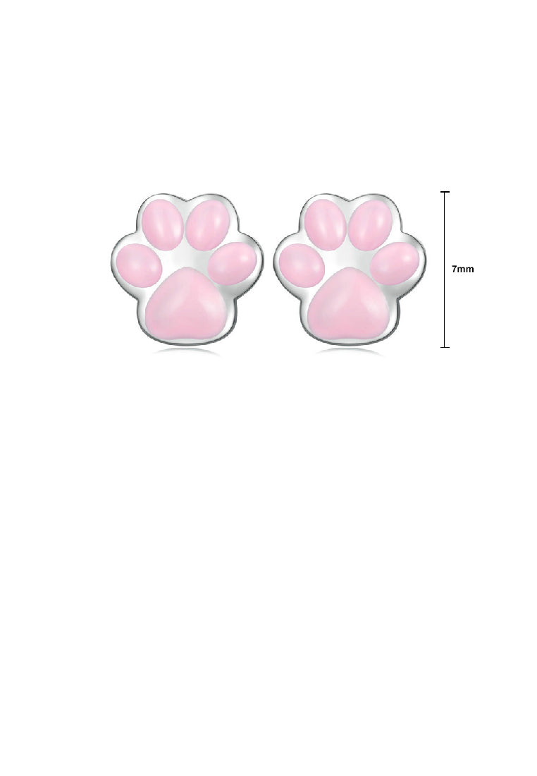 925 Sterling Silver Simple Cute Cat Pink Paw Print Stud Earrings - Vibrant Color