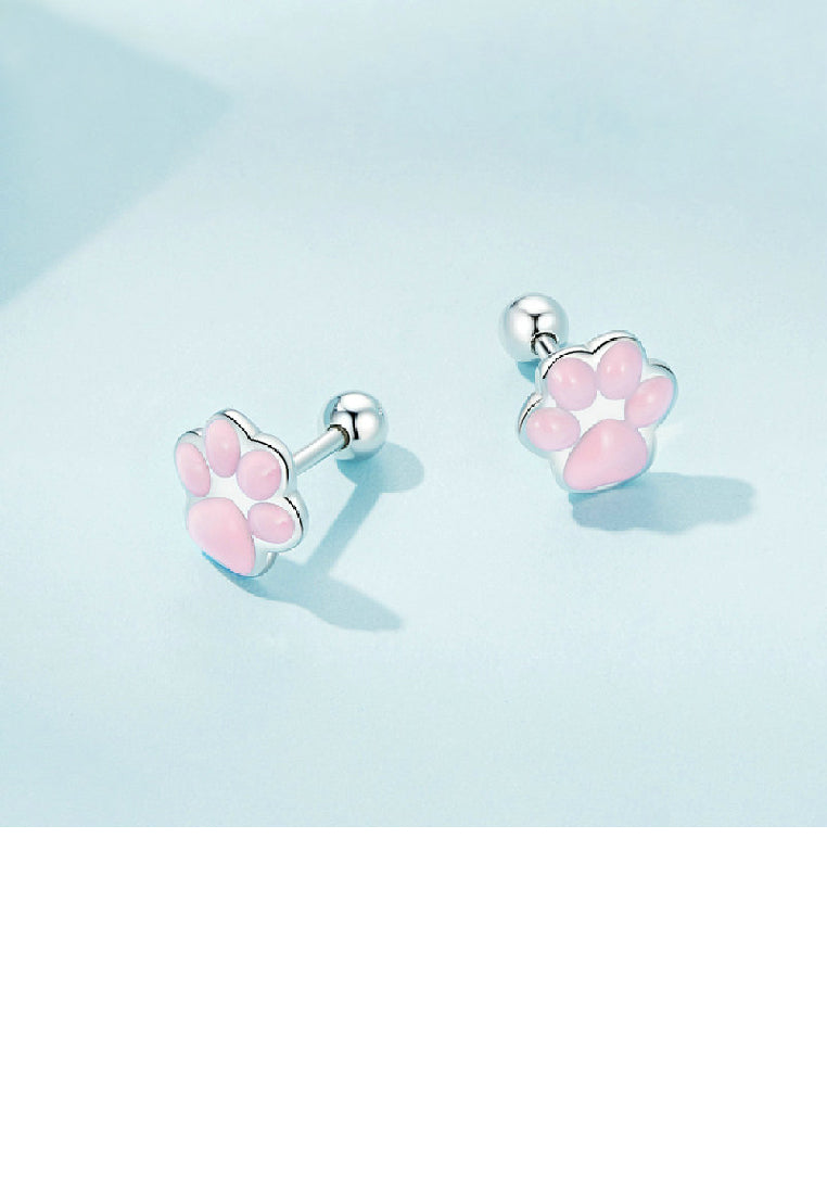 925 Sterling Silver Simple Cute Cat Pink Paw Print Stud Earrings - Vibrant Color