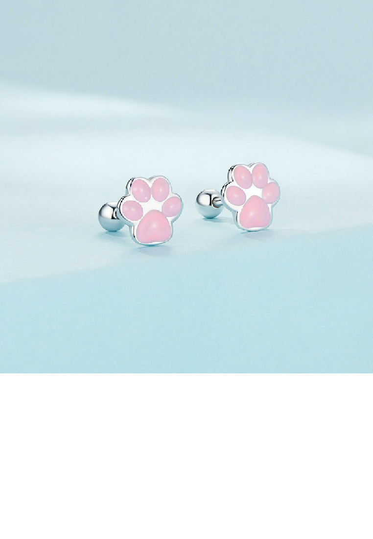 925 Sterling Silver Simple Cute Cat Pink Paw Print Stud Earrings - Vibrant Color