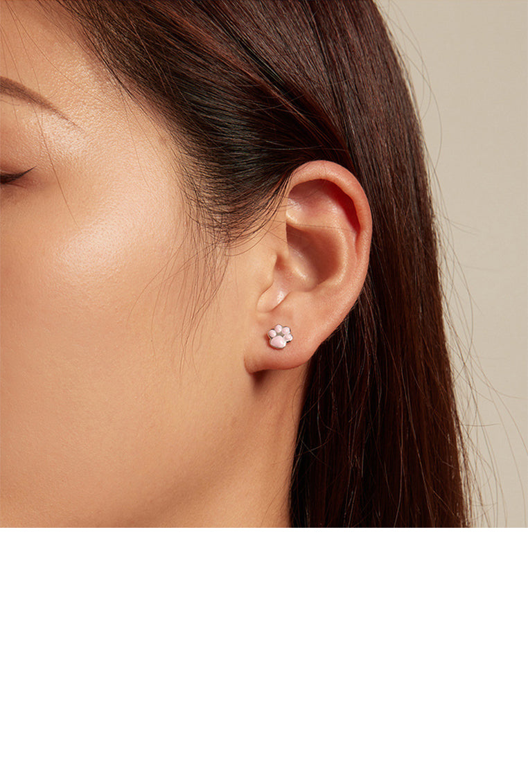 925 Sterling Silver Simple Cute Cat Pink Paw Print Stud Earrings - Vibrant Color