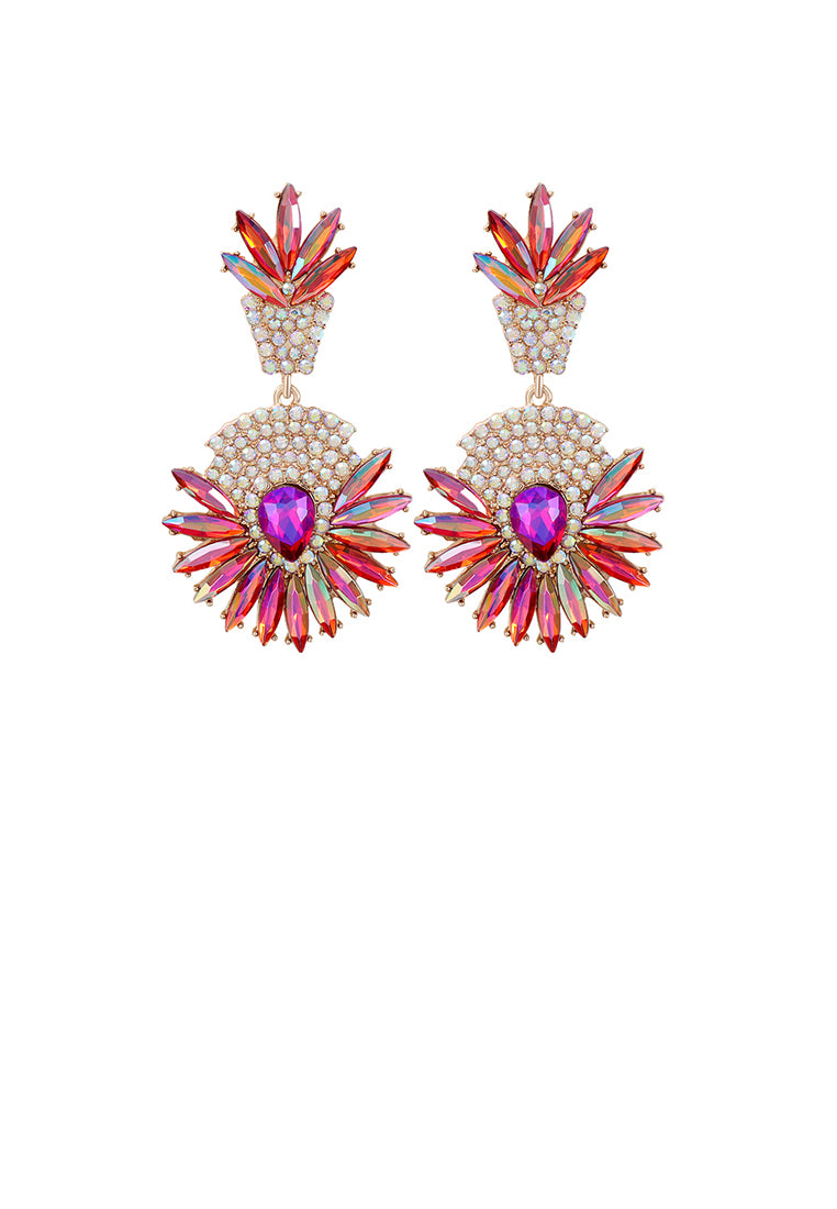 Fashion Brilliant Plated Gold Floral Geometric Round Earrings with Red Cubic Zirconia - Luxurious Look - Vibrant Color
