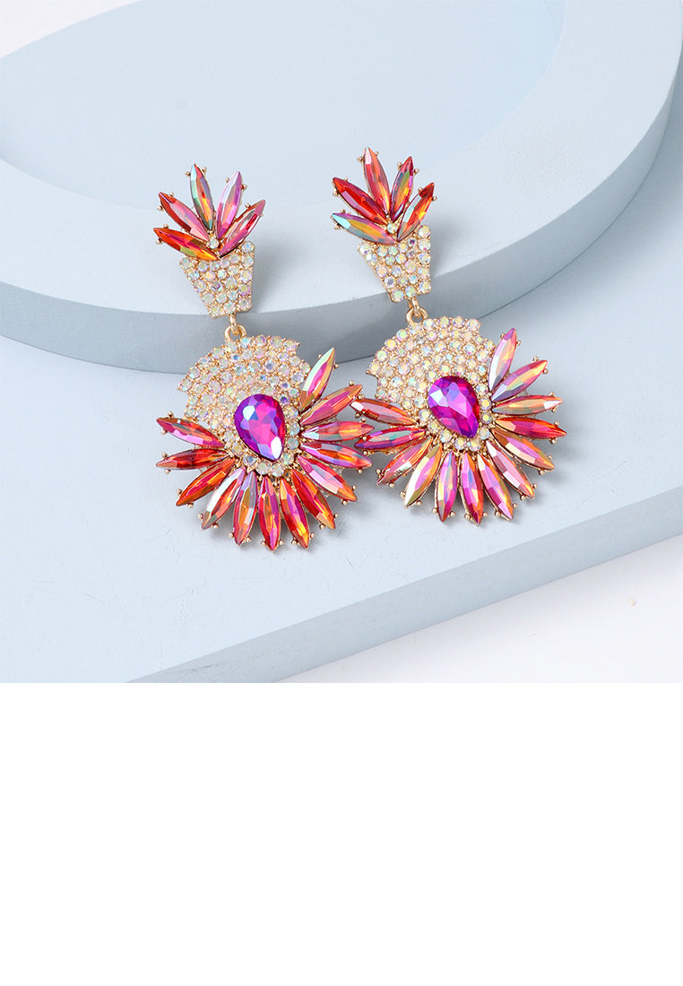 Fashion Brilliant Plated Gold Floral Geometric Round Earrings with Red Cubic Zirconia - Luxurious Look - Vibrant Color