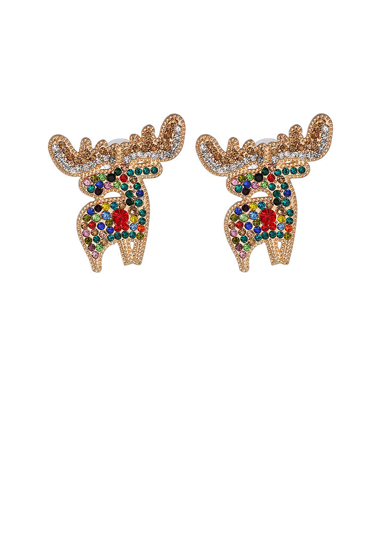 Simple and Cute Plated Gold Elk Stud Earrings with Colored Cubic Zirconia - Luxurious Look