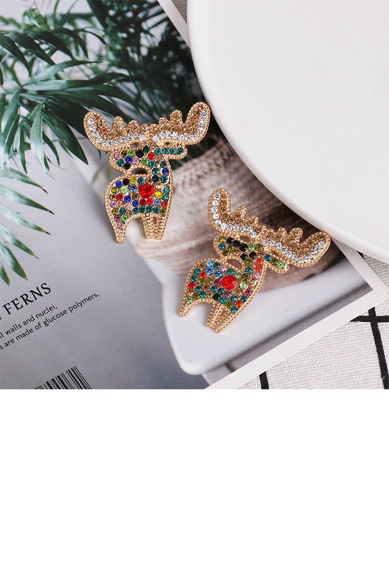 Simple and Cute Plated Gold Elk Stud Earrings with Colored Cubic Zirconia - Luxurious Look