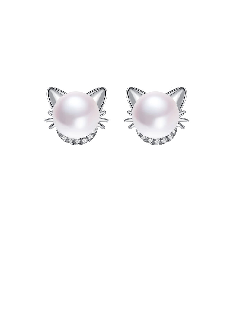 925 Sterling Silver Fashion Cute Cat Imitation Pearl Stud Earrings with Cubic Zirconia - Luxurious Look