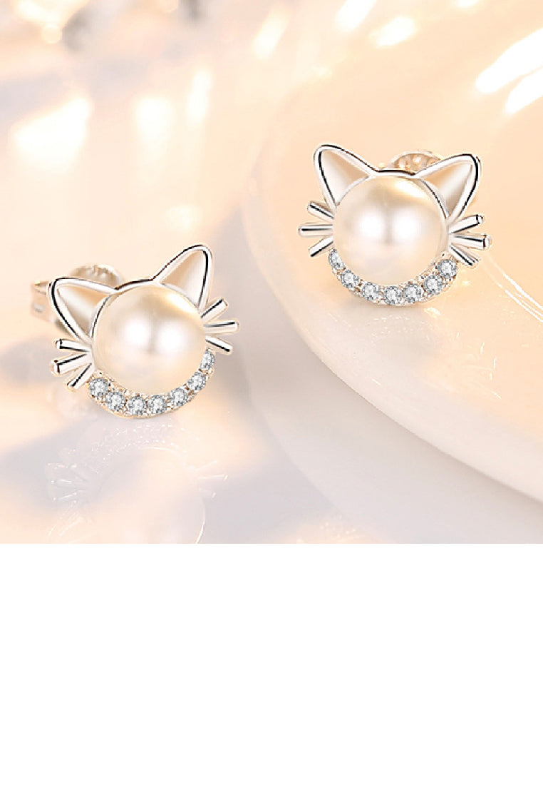 925 Sterling Silver Fashion Cute Cat Imitation Pearl Stud Earrings with Cubic Zirconia - Luxurious Look