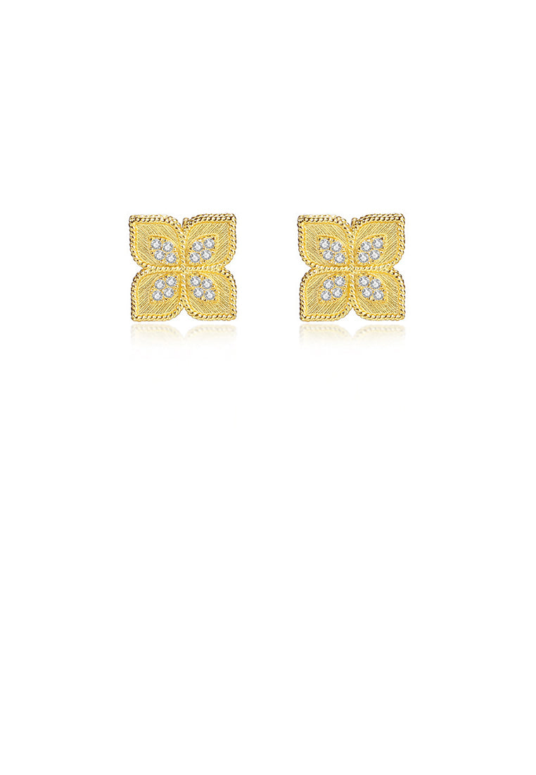 925 Sterling Silver Plated Gold Simple and Fashion Four-leafed Clover Stud Earrings with Cubic Zirconia - Luxurious Look