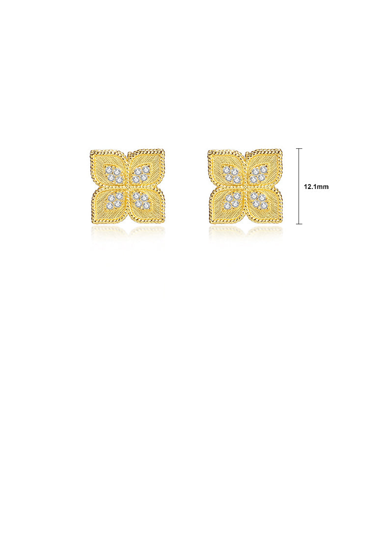 925 Sterling Silver Plated Gold Simple and Fashion Four-leafed Clover Stud Earrings with Cubic Zirconia - Luxurious Look