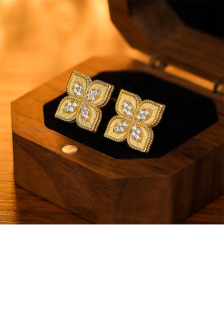 925 Sterling Silver Plated Gold Simple and Fashion Four-leafed Clover Stud Earrings with Cubic Zirconia - Luxurious Look