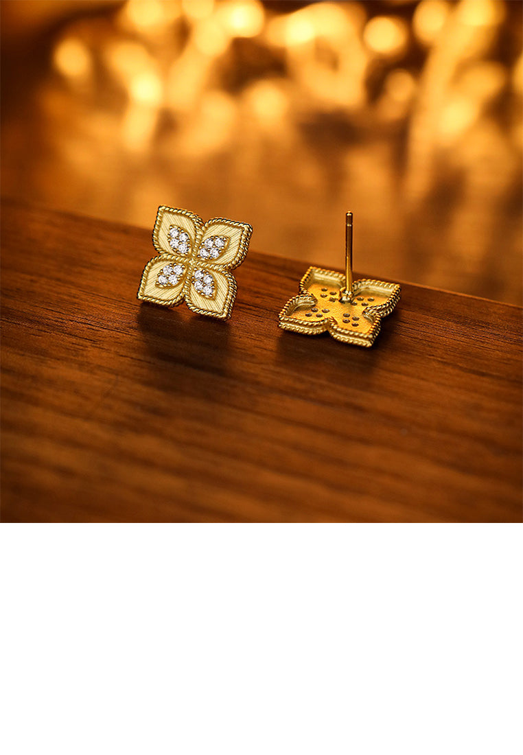 925 Sterling Silver Plated Gold Simple and Fashion Four-leafed Clover Stud Earrings with Cubic Zirconia - Luxurious Look
