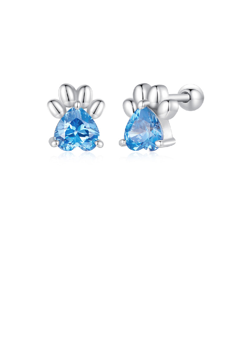 925 Sterling Silver Simple and Cute Dog Paw Stud Earrings with Blue Cubic Zirconia - Luxurious Look