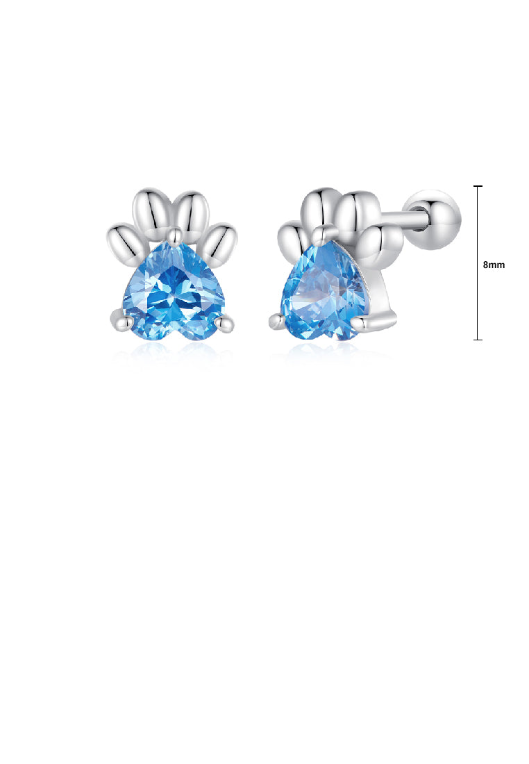 925 Sterling Silver Simple and Cute Dog Paw Stud Earrings with Blue Cubic Zirconia - Luxurious Look