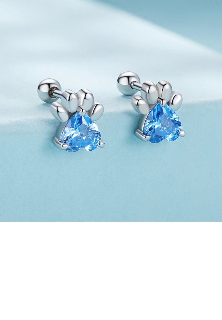 925 Sterling Silver Simple and Cute Dog Paw Stud Earrings with Blue Cubic Zirconia - Luxurious Look