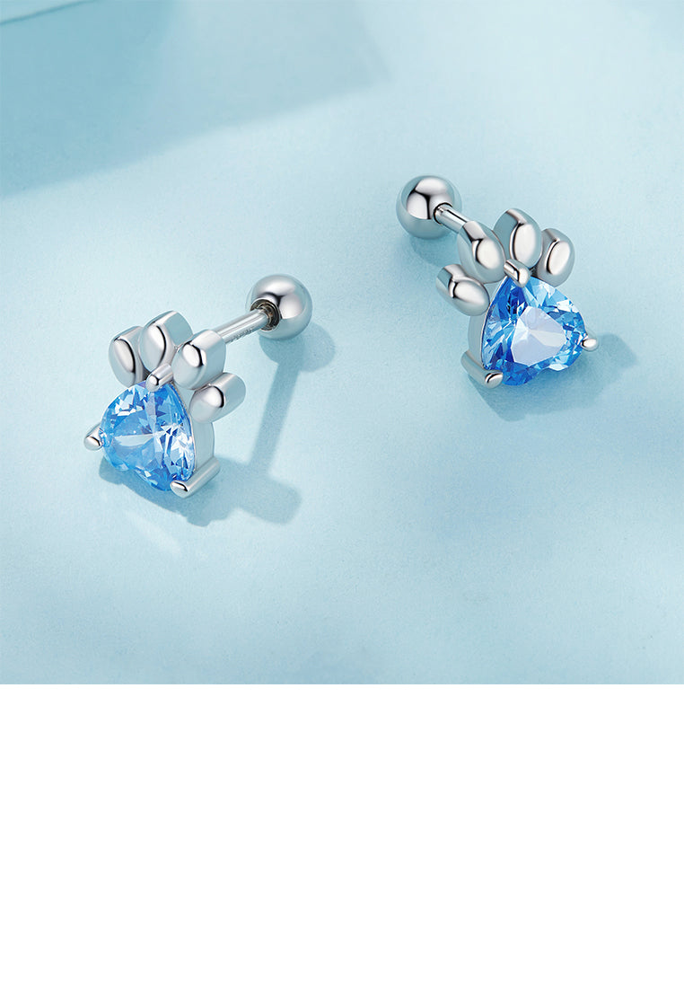925 Sterling Silver Simple and Cute Dog Paw Stud Earrings with Blue Cubic Zirconia - Luxurious Look