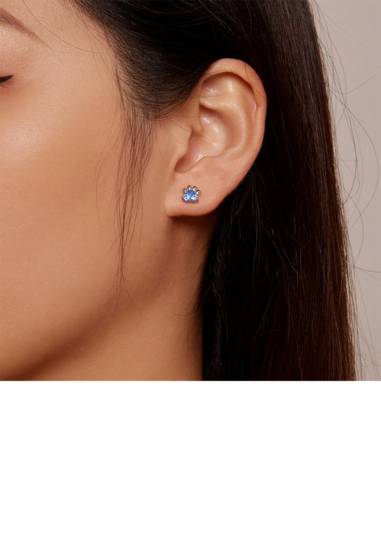 925 Sterling Silver Simple and Cute Dog Paw Stud Earrings with Blue Cubic Zirconia - Luxurious Look