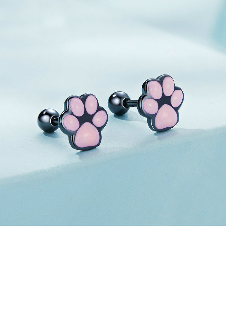 925 Sterling Silver Sweet and Cute Enamel Cat's Paw Print Stud Earrings