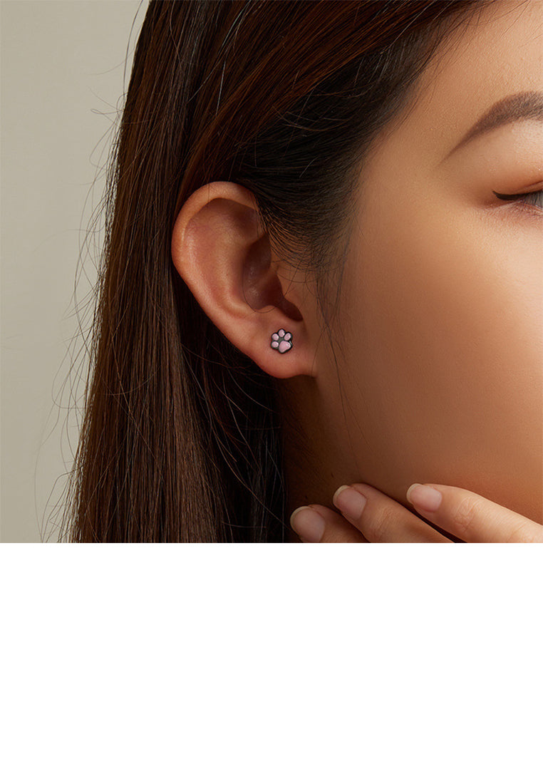925 Sterling Silver Sweet and Cute Enamel Cat's Paw Print Stud Earrings
