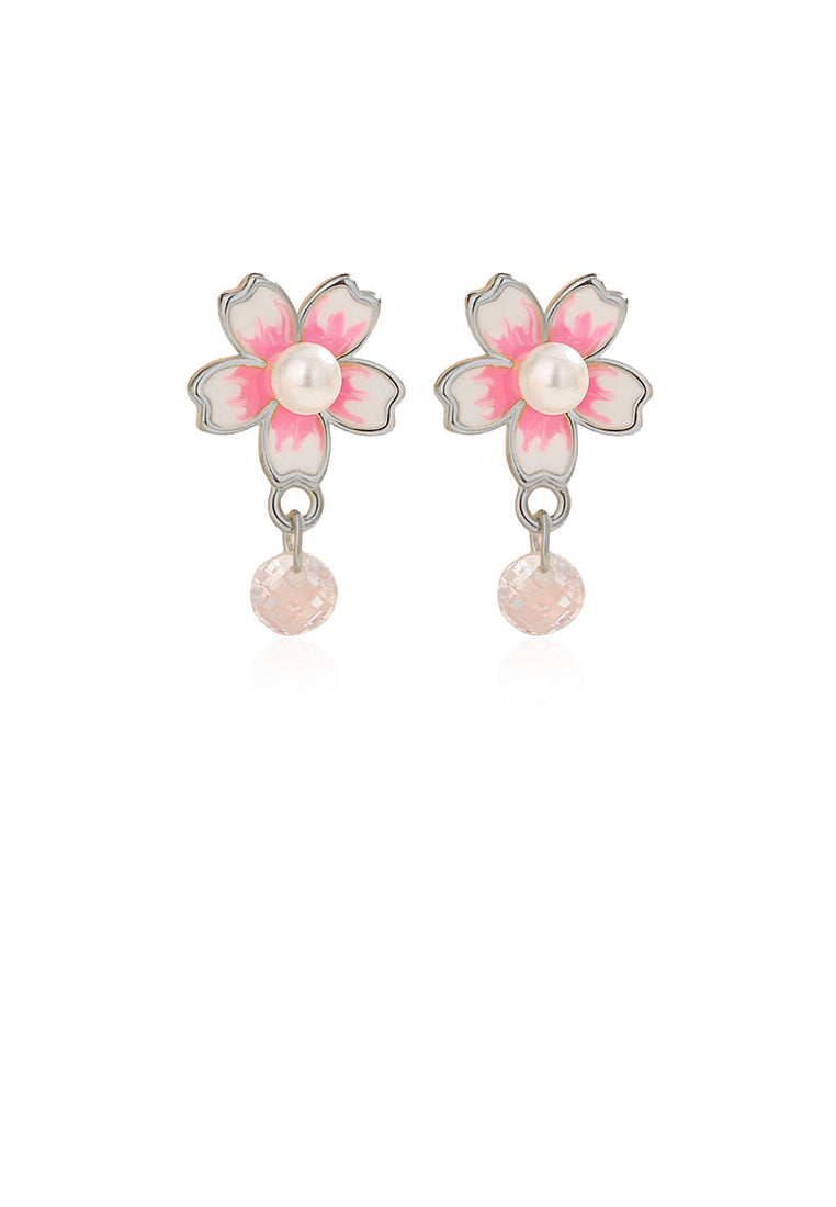 925 Sterling Silver Fashion Temperament Cherry Blossom Imitation Pearl Earrings with Cubic Zirconia - Luxurious Look