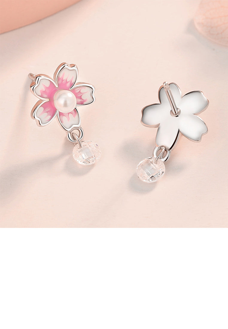 925 Sterling Silver Fashion Temperament Cherry Blossom Imitation Pearl Earrings with Cubic Zirconia - Luxurious Look