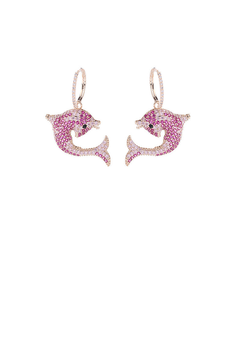 Brilliant and Lovely Plated Gold Dolphin Earrings with Rose Red Cubic Zirconia - Luxurious Look - Vibrant Color