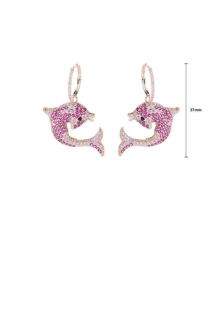 Brilliant and Lovely Plated Gold Dolphin Earrings with Rose Red Cubic Zirconia - Luxurious Look - Vibrant Color