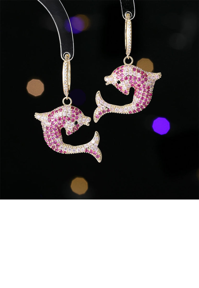 Brilliant and Lovely Plated Gold Dolphin Earrings with Rose Red Cubic Zirconia - Luxurious Look - Vibrant Color
